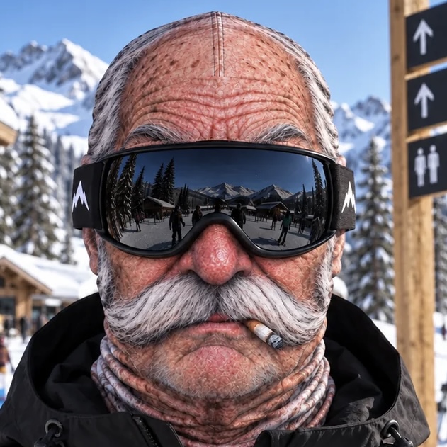 The Grandpa printed face mask with ski goggles in the mountains